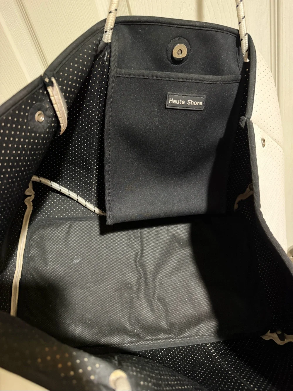 Haute Shore White Perforated Tote with Neon Rainbow Stripe